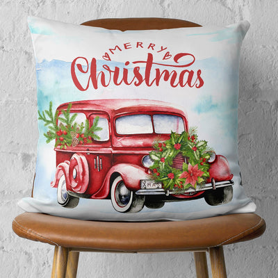 Merry Christmas Vintage Red Car Throw Pillow