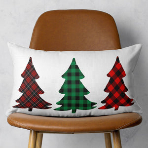 Christmas Tree Trio Plaid Lumbar Throw Pillow