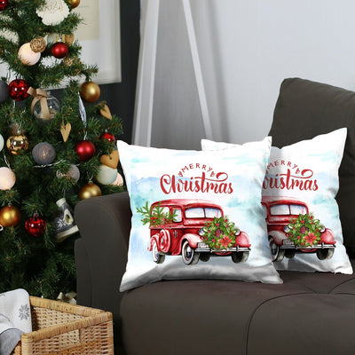 Set of 2 Merry Christmas Vintage Red Car Thow Pillow Covers
