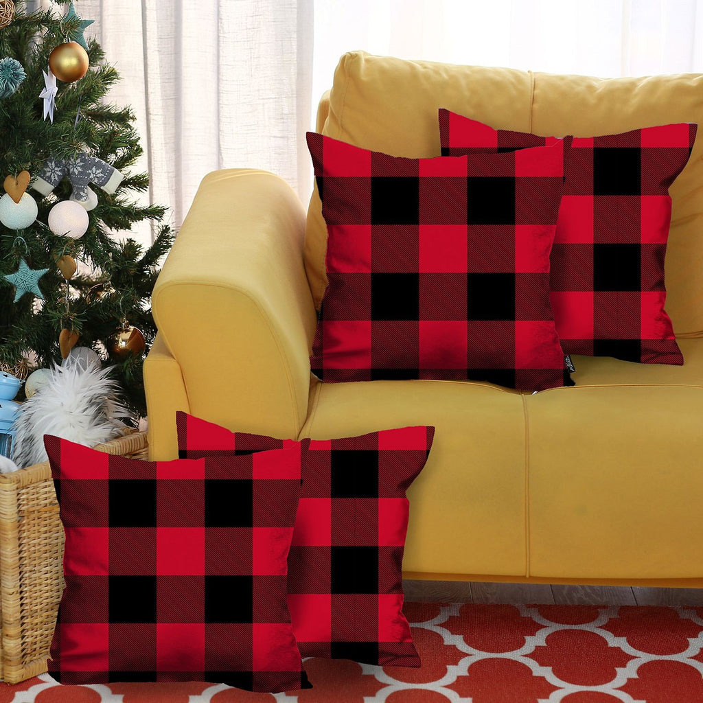 Set of 4 Red and Black Buffalo Plaid Throw Pillow Cover