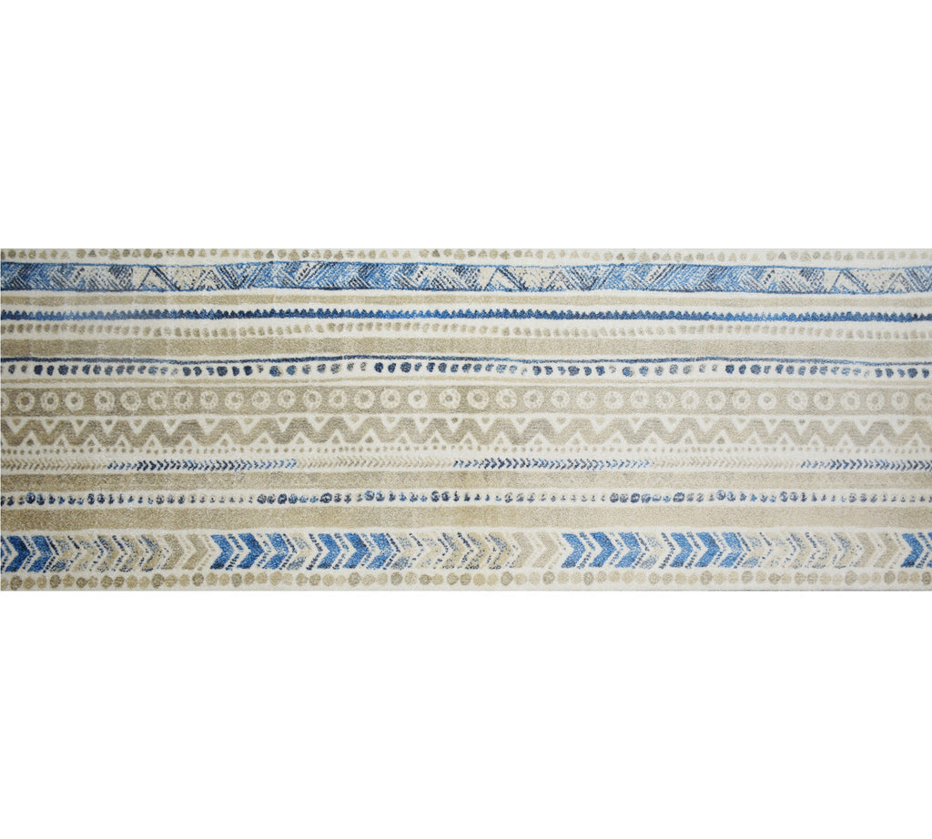 2' x 6' Blue and Taupe Tribal Washable Runner Rug