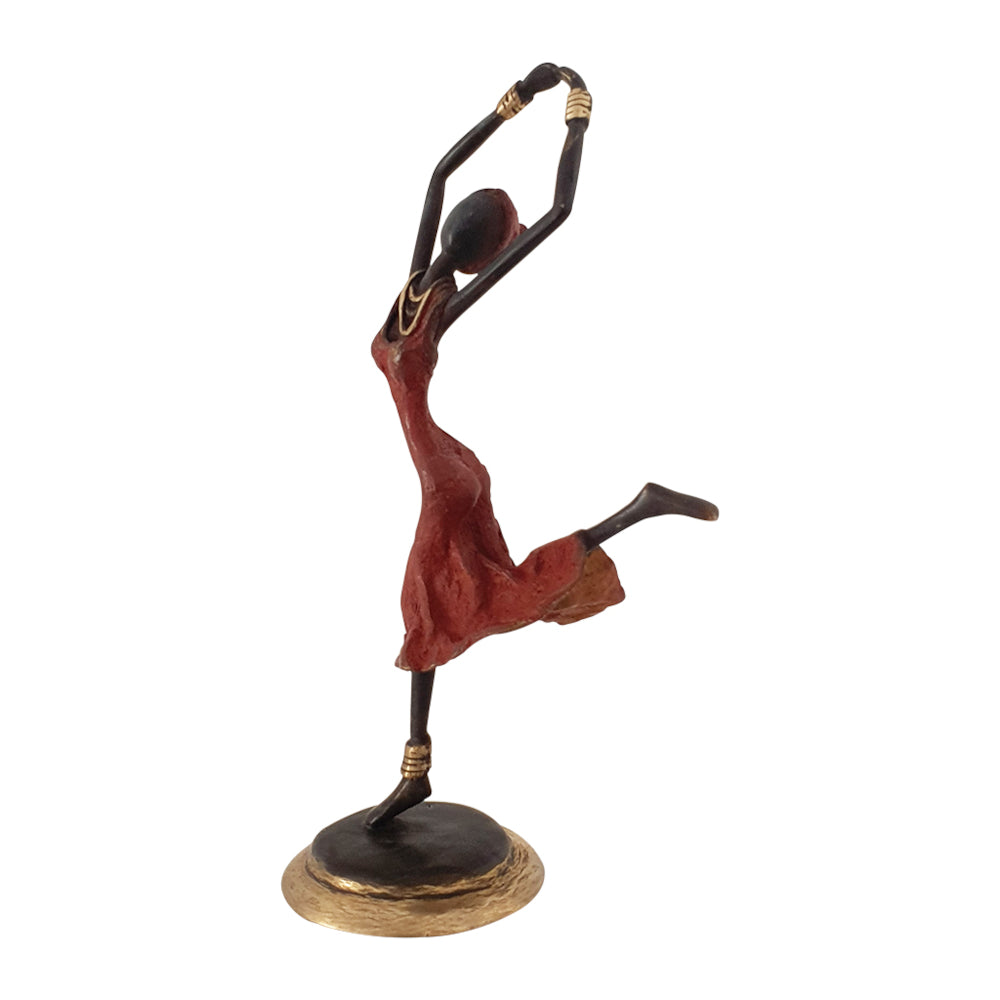 Vintage Hand Cast Bronze Statue of a Dancing African Woman in Red Dress