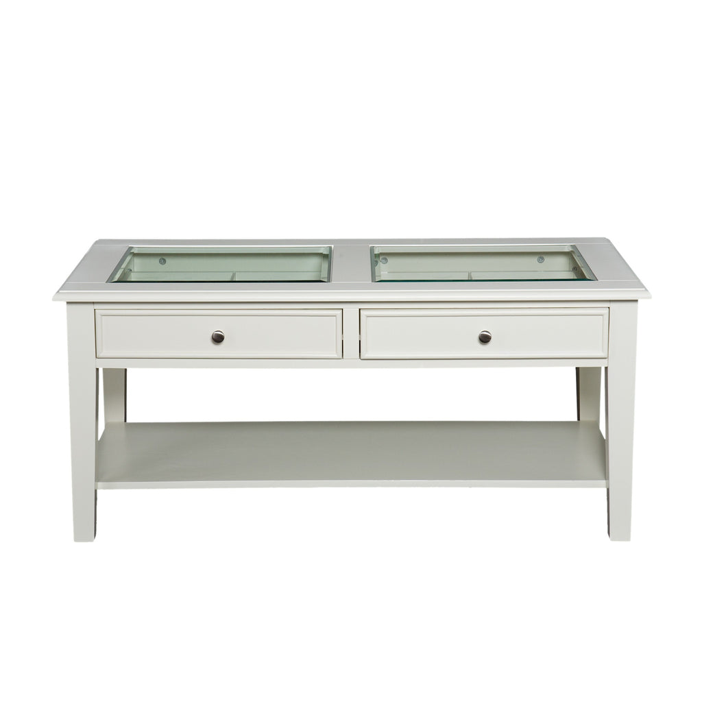 44" Off And White And Off-White Glass And Metal Rectangular Coffee Table