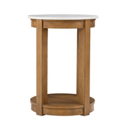 22" Natural Wood And White Faux Marble Manufactured Wood Round End Table With Shelf