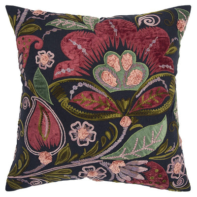 Black Red Jacobean Floral Appliqued Throw Pillow