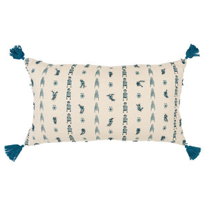 Teal Beige Tribal Inspired Tasseled Lumbar Pillow