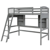 Gray Twin Size Loft Bed with Desk and Shelves