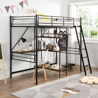 Black Twin Size Metal Loft Bed With Desk and Shelves