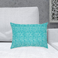 14" X 20" Turquoise And White Blown Seam Zigzag Lumbar Indoor Outdoor Pillow