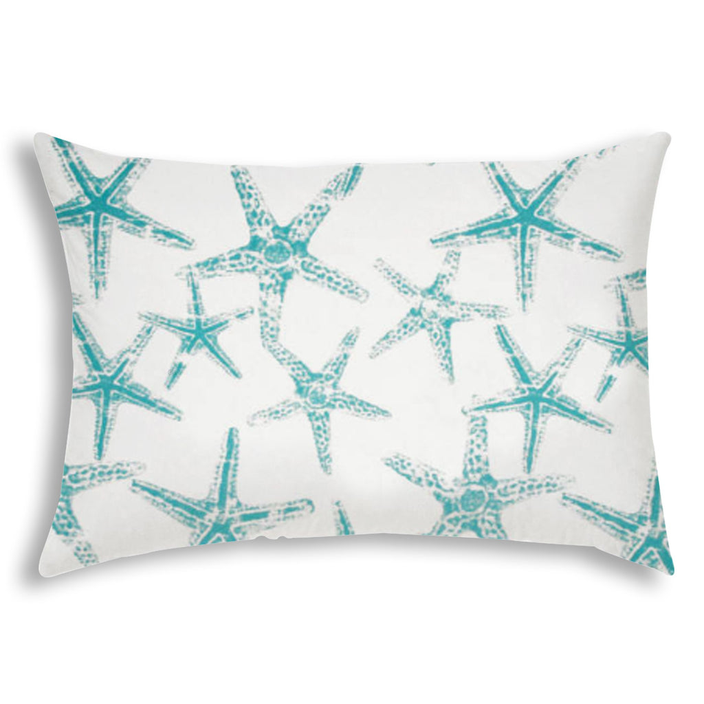 14" X 20" Turquoise And White Starfish Blown Seam Nautical Lumbar Indoor Outdoor Pillow