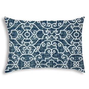 14" X 20" Indigo And Navy Blown Seam Stencil Lumbar Indoor Outdoor Pillow