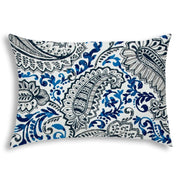 14" X 20" White And Blue Blown Seam Paisley Lumbar Indoor Outdoor Pillow