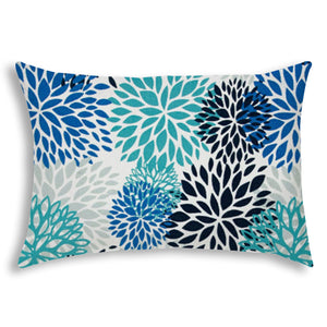 14" X 20" Blue And White Blown Seam Floral Lumbar Indoor Outdoor Pillow