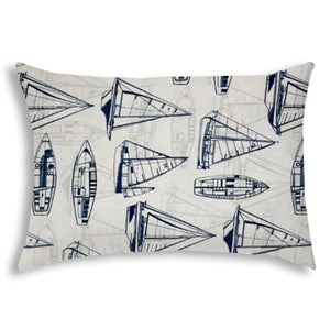 14" X 20" Navy Blue And Cream Boat Blown Seam Nautical Lumbar Indoor Outdoor Pillow