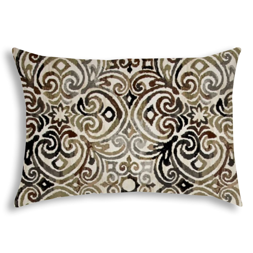 14" X 20" Gray And Cream Blown Seam Ikat Lumbar Indoor Outdoor Pillow