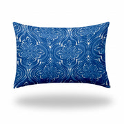 12" X 18" Blue And White Blown Seam Ikat Lumbar Indoor Outdoor Pillow