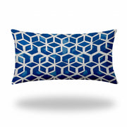 14" X 24" Blue And White Enveloped Geometric Lumbar Indoor Outdoor Pillow