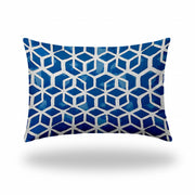 14" X 20" Blue And White Blown Seam Geometric Lumbar Indoor Outdoor Pillow