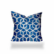 14" X 14" Blue And White Enveloped Geometric Throw Indoor Outdoor Pillow