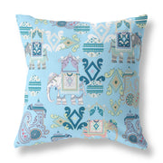 16" Sky Blue Tribal Indoor Outdoor Zip Throw Pillow