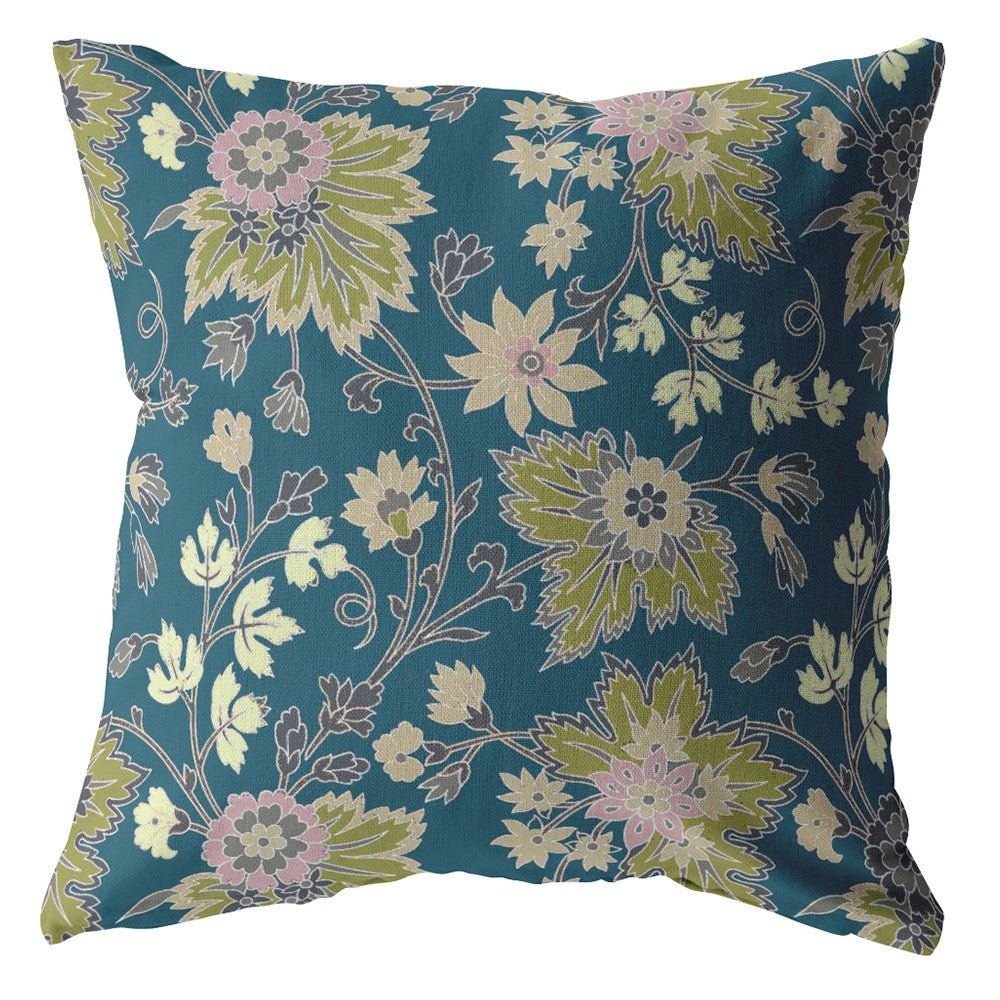 20” Teal Green Jacobean Suede Throw Pillow