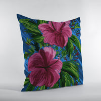 16” Pink Blue Hibiscus Suede Decorative Throw Pillow