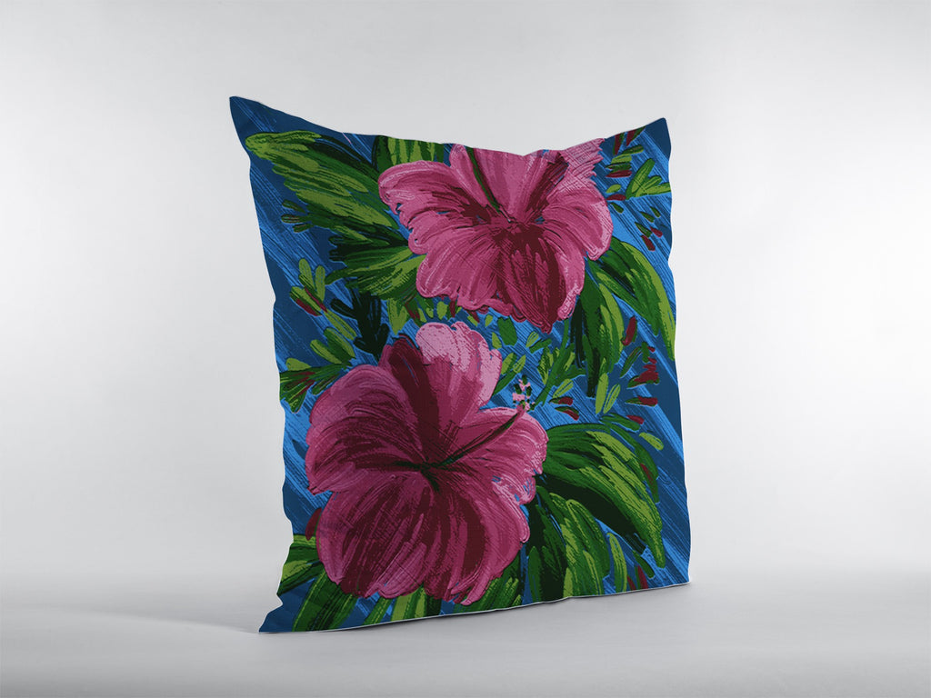 16” Pink Blue Hibiscus Suede Decorative Throw Pillow