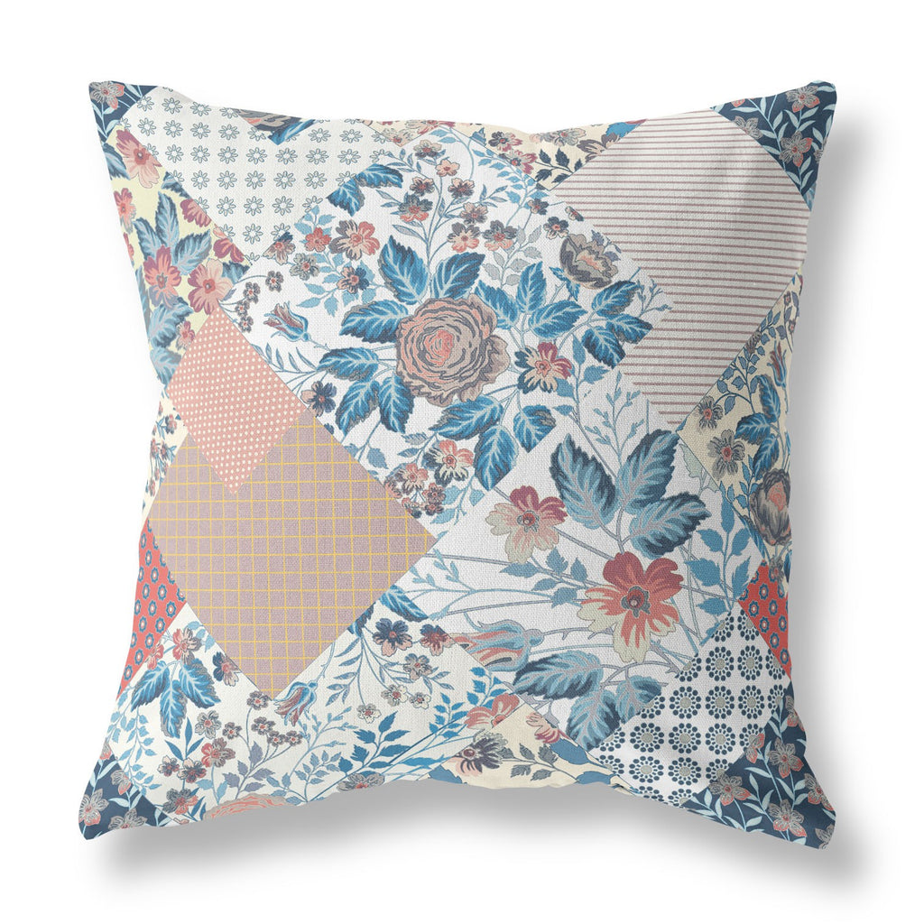 White Blue Floral Indoor Outdoor Throw Pillow