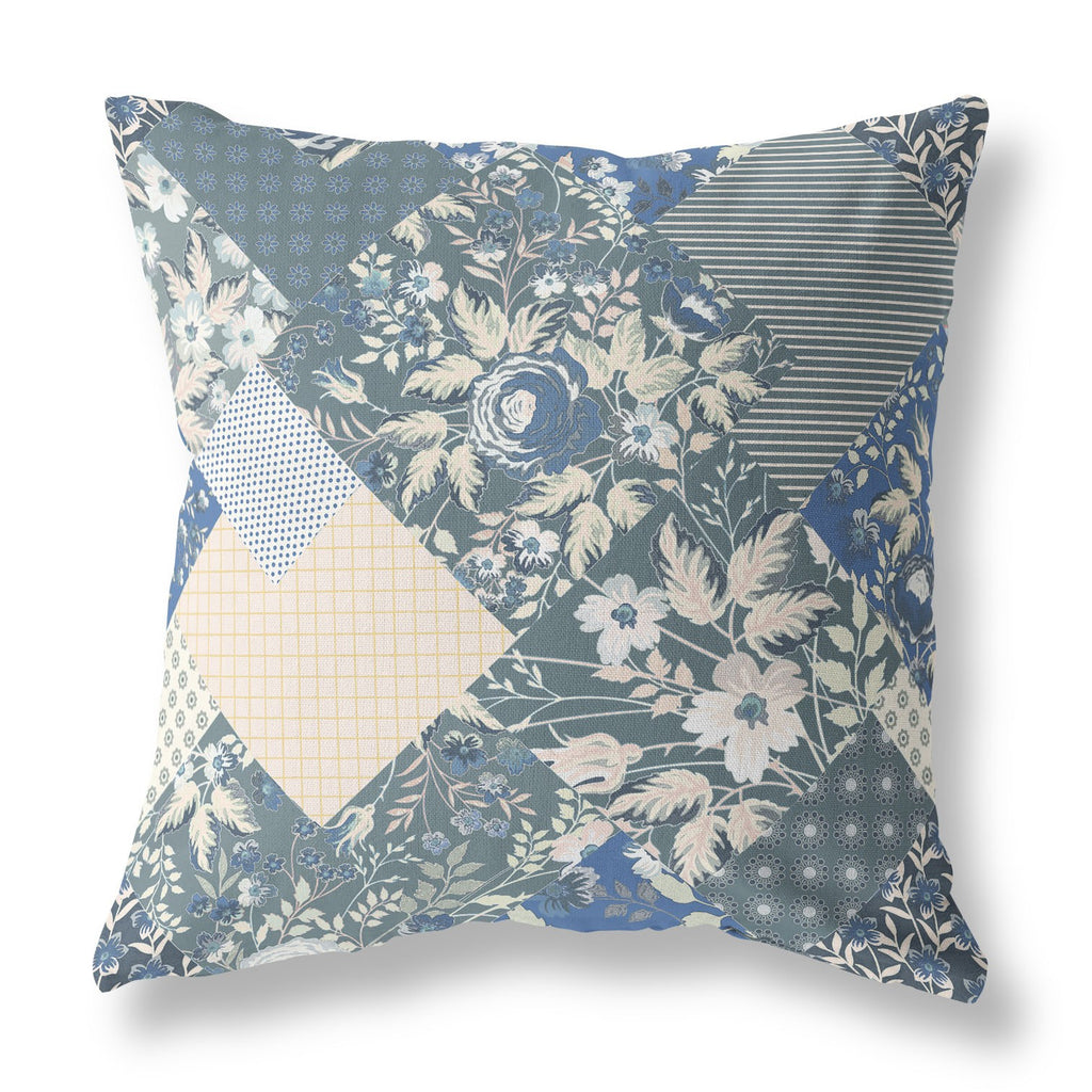 Gray Blue Boho Floral Indoor Outdoor Throw Pillow