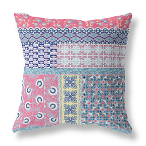 20"x20" Pink And Teal Zippered Polyester Patchwork Throw Pillow