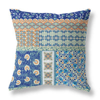 18"X18" Blue And Orange Microsuede Patchwork Zippered Pillow