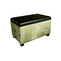 Wavy Beige Velvet and Black Faux Leather Storage Bench