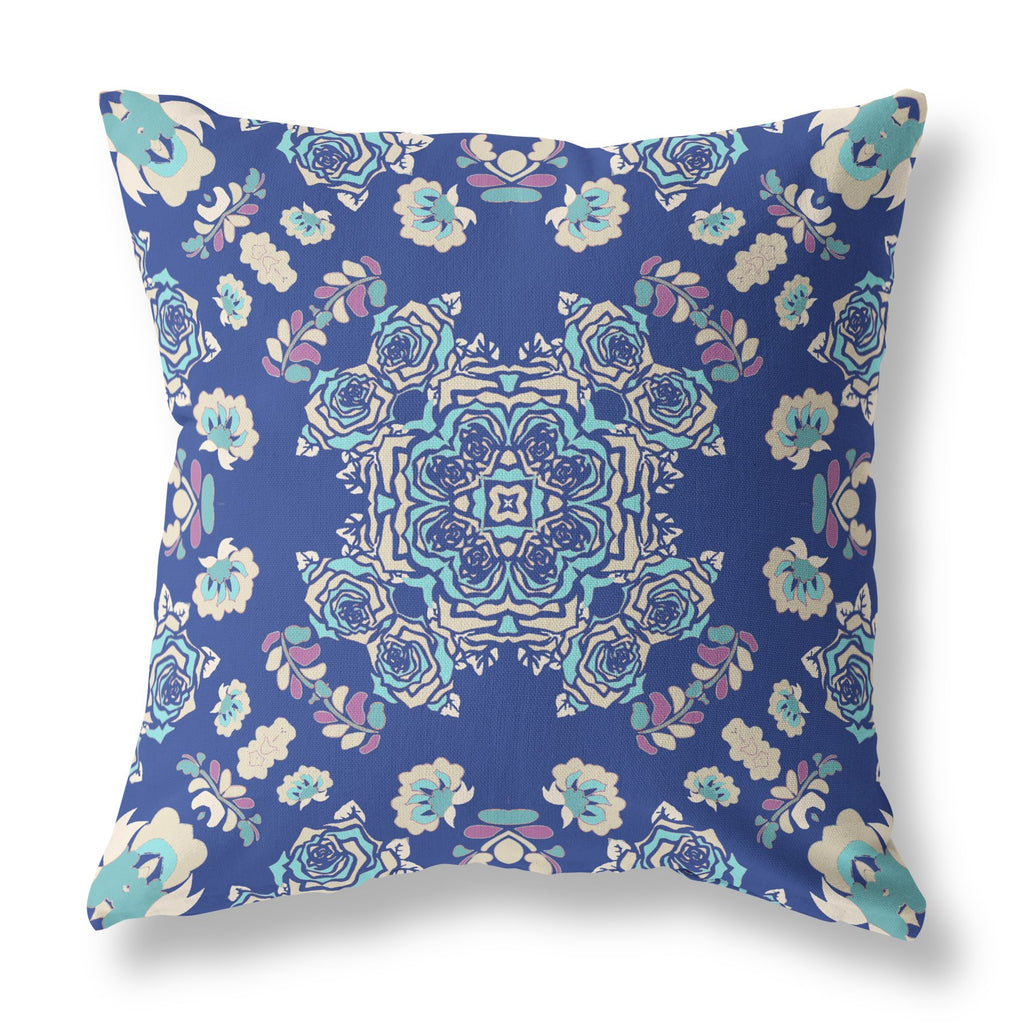 16" X 16" Blue And Off White Broadcloth Floral Throw Pillow