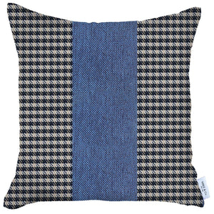 18" X 18" White And Blue Houndstooth Zippered Handmade Polyester Throw Pillow Cover