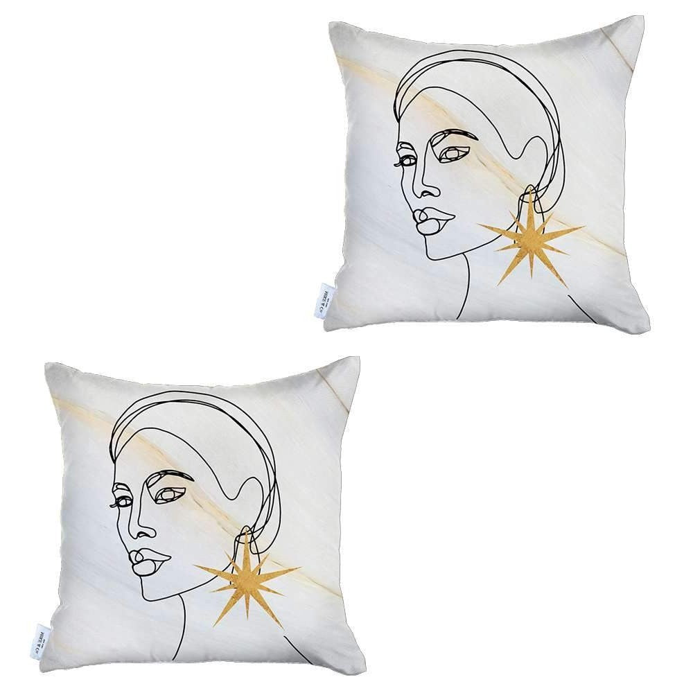 Set Of Two 18" X 18" White Black And Gold Abstract Zippered Handmade Polyester Throw Pillow