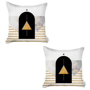 Set Of Two 18" X 18" White Black And Gold Abstract Zippered Handmade Polyester Throw Pillow