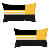 Set Of Two 20" X 12" Yellow Striped Zippered Handmade Polyester Lumbar Pillow