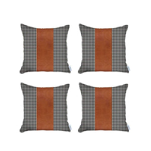 Set Of Four 18" X 18" Black And Brown Houndstooth Zippered Handmade Polyester Throw Pillow