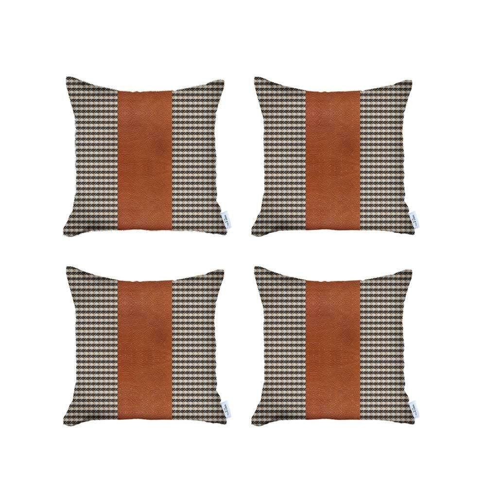 Set Of Four 18" X 18" Brown Houndstooth Zippered Handmade Polyester Throw Pillow