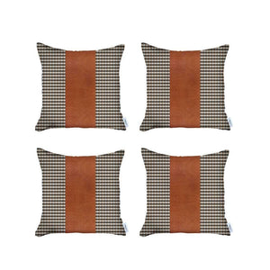 Set Of Four 18" X 18" Brown Houndstooth Zippered Handmade Polyester Throw Pillow