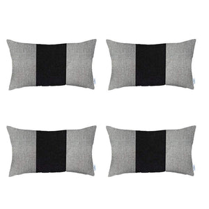 Set Of Four 20" X 12" Grey And Black Geometric Zippered Handmade Polyester Lumbar Pillow