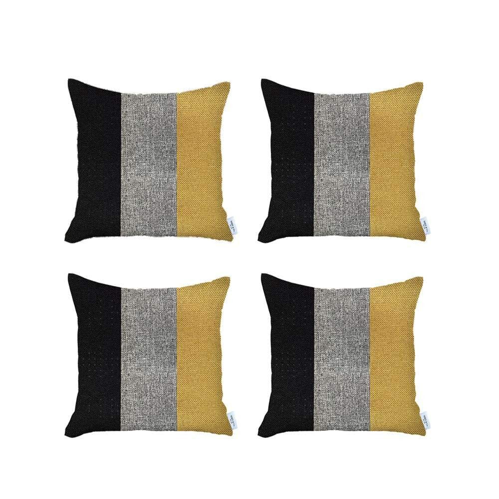 Set Of Four 18" X 18" Black And Yellow Geometric Zippered Handmade Polyester Throw Pillow