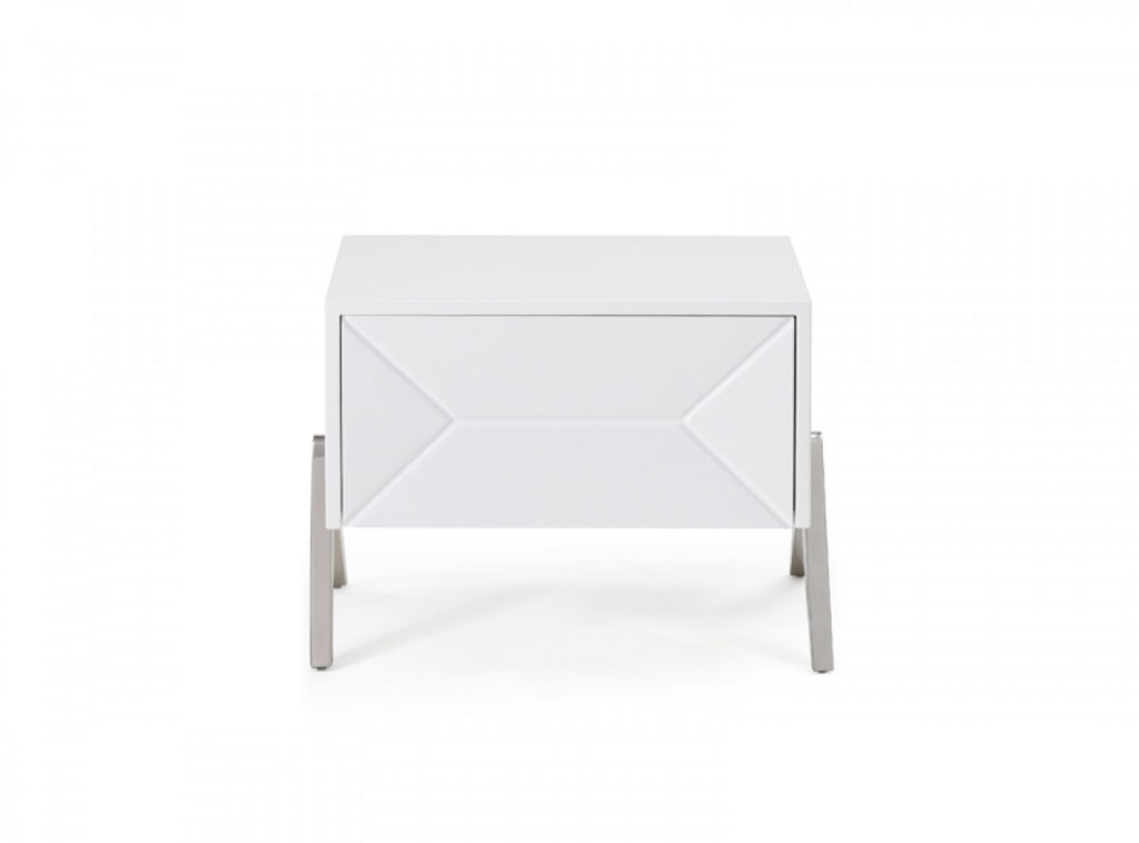 Modern Silky White Nightstand with One Drawer and Steel Legs