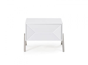 Modern Silky White Nightstand with One Drawer and Steel Legs