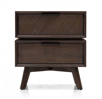 Mid Century Acacia Nightstand with Two Drawers and Black Metal Handles