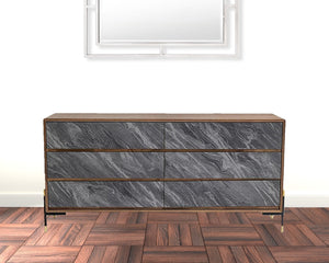 63" Walnut And Grey Faux Marble Wood Six Drawer Double Dresser