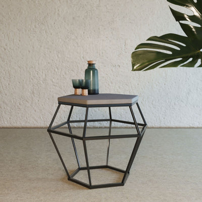 Modern Gray Concrete and Black Metal Hexagonal End Table