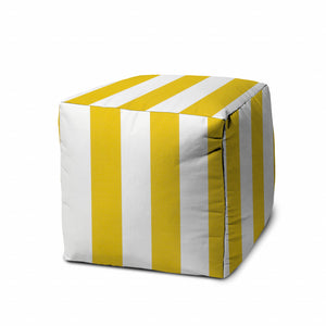 17" Yellow And White Polyester Cube Striped Indoor Outdoor Pouf Ottoman