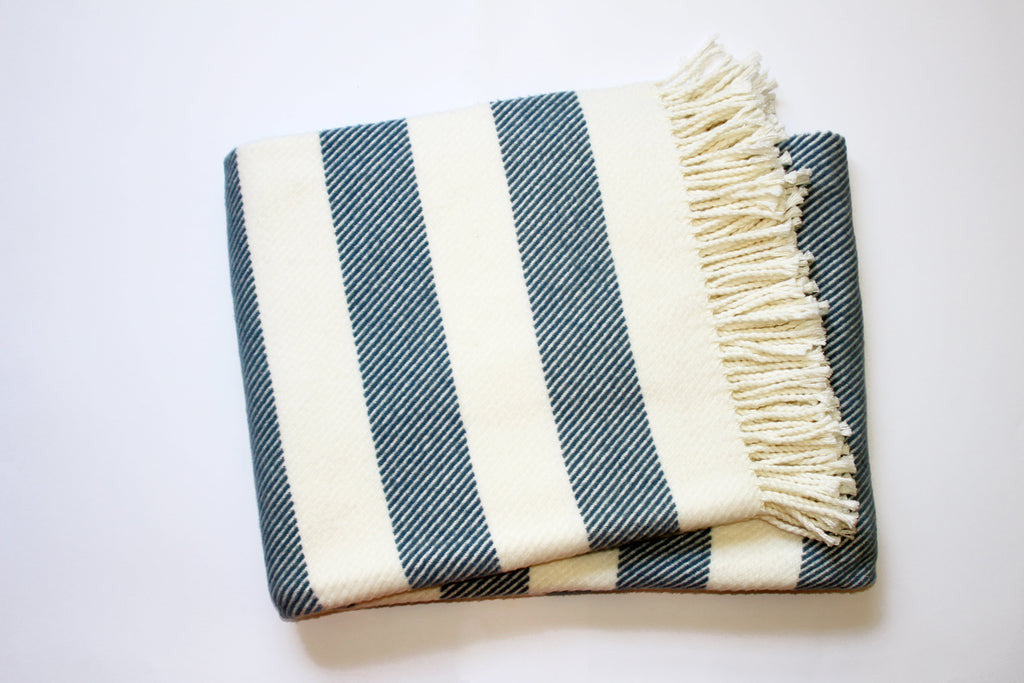 Cream and Slate Slanted Stripe Fringed Throw Blanket