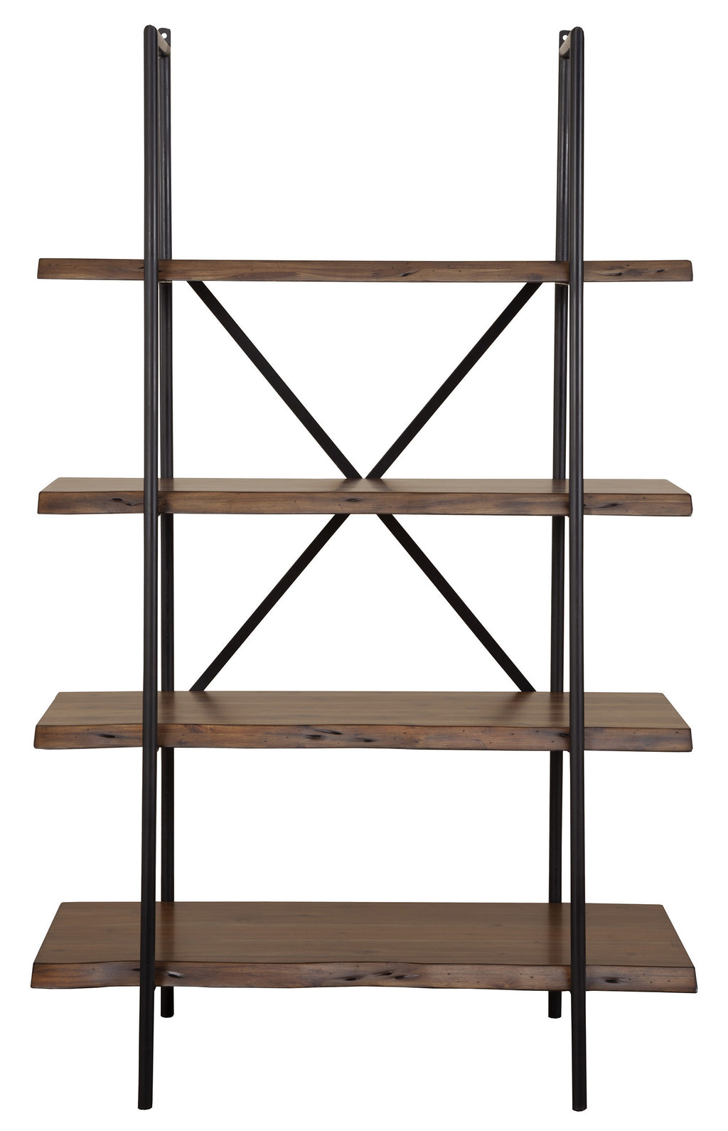 79" Brown and Black Acacia Live Edge Vertical Step Open Back Bookcase